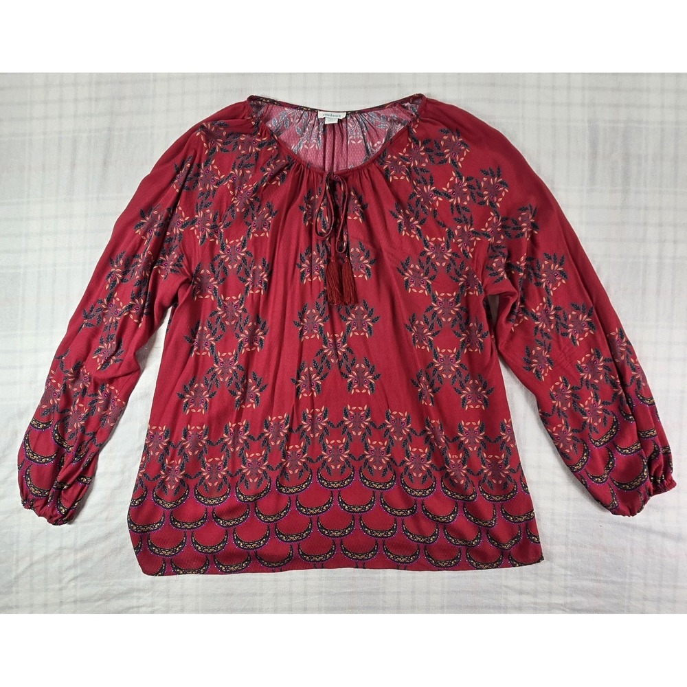 Sundance Womens Floral Red Peasant Blouse Boho Tassels Long Sleeve XL